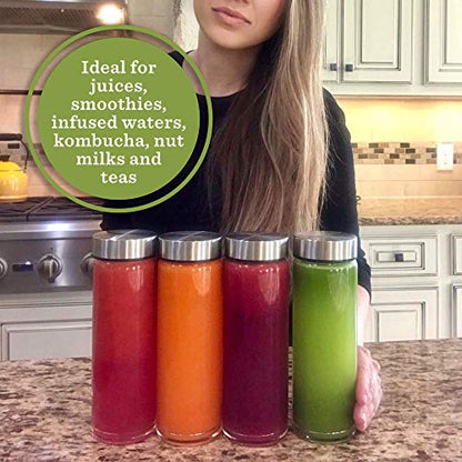 16oz Juice Bottles, Wide Mouth Glass Water Bottles & Stainless Steel Lids - size: 16 Ounces
