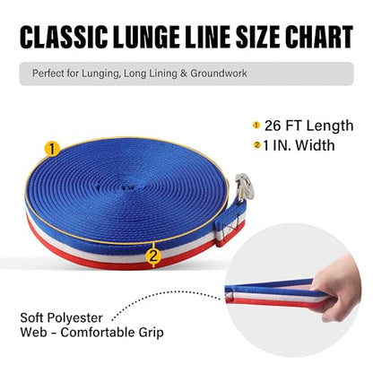 26FT Horse Lunge Line, Multi-Use Training Leash, Equine Lunge Rope - color: Red/White/Blue