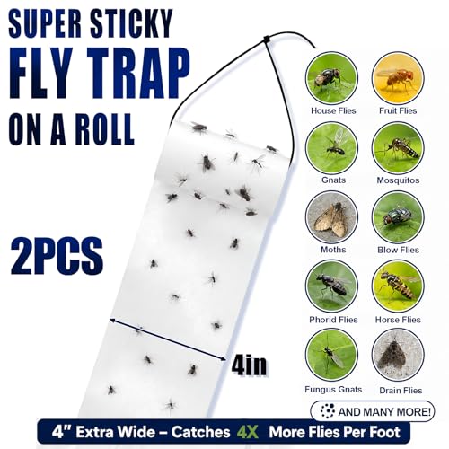 2 Roll Sticky Fly Tape 30 ft X 4 in, Hanging White Paper Traps
