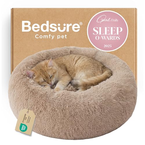 Bedsure Calming Cat Beds Donut Round Washable Kitten Bed,20 inches Camel | Oprah Daily Award,Fluffy Faux Fur Cuddler,Anti-Slip Bottom,Anti-Anxiety,Deep Sleep for Cats&Small Pets Up to 15 Lbs - color: Camel, size: 20"L x 20"W x 6"Th
