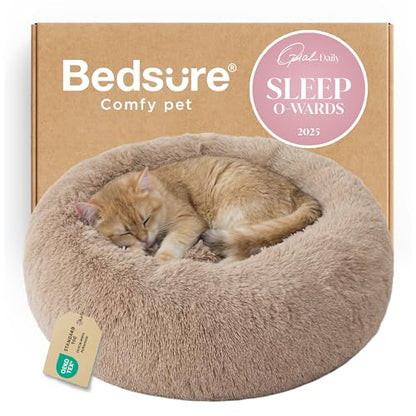 Bedsure Calming Cat Beds Donut Round Washable Kitten Bed,20 inches Camel | Oprah Daily Award,Fluffy Faux Fur Cuddler,Anti-Slip Bottom,Anti-Anxiety,Deep Sleep for Cats&Small Pets Up to 15 Lbs - color: Camel, size: 20"L x 20"W x 6"Th