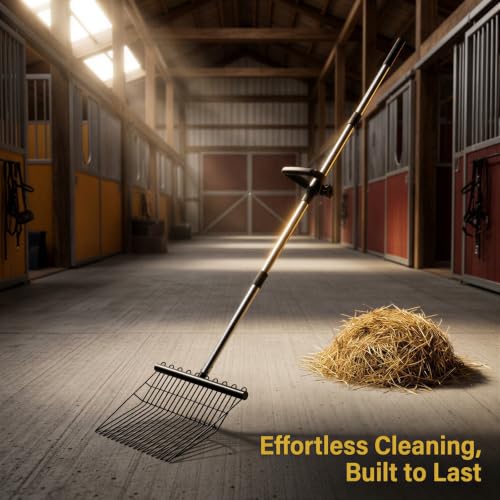 Manure Rake, Heavy Duty Steel Handle Rake, 53.5 in Long Reach