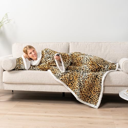 PAVILIA Sherpa Wearable Blanket with Sleeves and Pocket, Plush Thick Cozy Body Blanket Wrap for Adult Women Men, Christmas Gift for Wife Mom, Leopard Cheetah - color: Cheetah