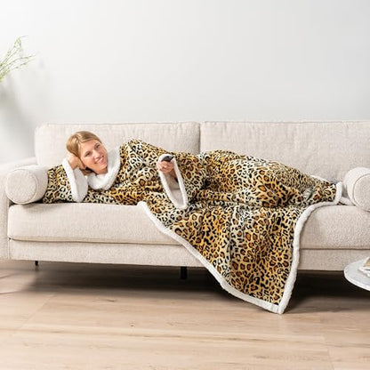 PAVILIA Sherpa Wearable Blanket with Sleeves and Pocket, Plush Thick Cozy Body Blanket Wrap for Adult Women Men, Christmas Gift for Wife Mom, Leopard Cheetah - color: Cheetah
