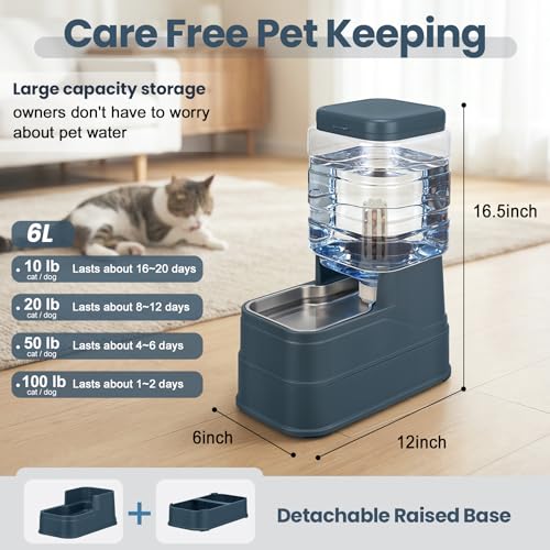 Auto Dog Water Dispenser with Stainless Steel Bowl Feeder for Pets - color: Navy, size: 6L/1.6Gallon