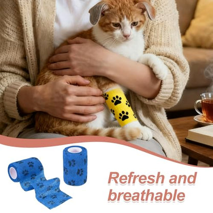 Pet Wrap Bandages, 3 Inch 5 Yard Self Adhesive Bandage Wrap, Pet Non-Woven Tape First Aid Cohesive Gauze, (Blue/Paw, 2 Pcs), Intended for Dog/Cat/Bird/Legs/Paws/Wound - color: Blue, size: 3 inch