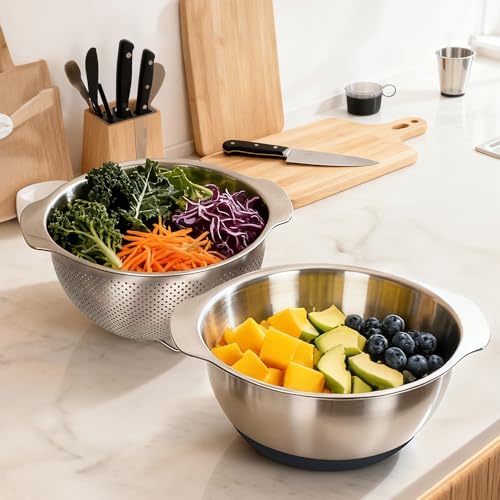 304 Stainless Steel Colander and Strainer, 5QT Large Capacity and 6QT Mixing Bowl, Micropore for Washing Rice, Fruit, and Cooked Pasta, Perfect Draining for Grain and Bean - size: 5QT+6QT