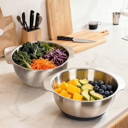 304 Stainless Steel Colander and Strainer, 5QT Large Capacity and 6QT Mixing Bowl, Micropore for Washing Rice, Fruit, and Cooked Pasta, Perfect Draining for Grain and Bean - size: 5QT+6QT