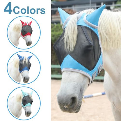 Horse Fly Mask with Ears, Breathable Fine Mesh Pale Blue Full - color: Pale Blue, size: Full