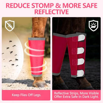 Fly Boots for Horses Set of 4 with Reflective Vercros, Loose Fitting Mesh Horse Fly Boots Leggings, Adjustable Equine Leg Wraps & Socks, Stay Up Not Sag, No Rub - color: Magenta