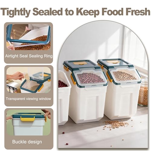 RUIAN Large Airtight Storage Container,25lb Flour Rice Storage Containers Bin with Wheels Seal Locking Lid, with Measuring Cup&Scoop for Flour, Rice, Grain (25lbt Blue,4PCS) - color: Blue 4Pack 25Lb