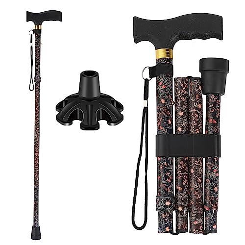 Walking Cane PANZHENG Cane for Man/Woman | Mobility & Daily Living Aids | 5-Level Height Adjustable Walking Stick | Comfortable Plastic T-Handle Portable Walking Stick Folding Cane - color: balck flower