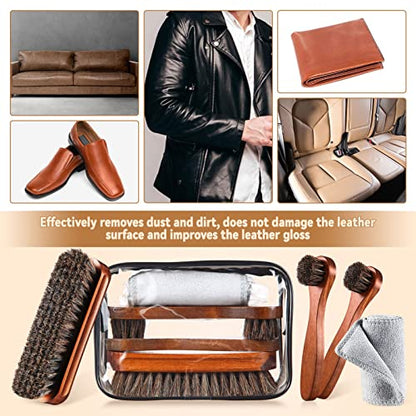 4 Pcs Horsehair Shoe Brush Kit Polishing Daubers Applicators Leather Care Brushes Shine Cleaning Cloth with Bag(Shoe Brush Set E) - style: Shoe Brush Set E