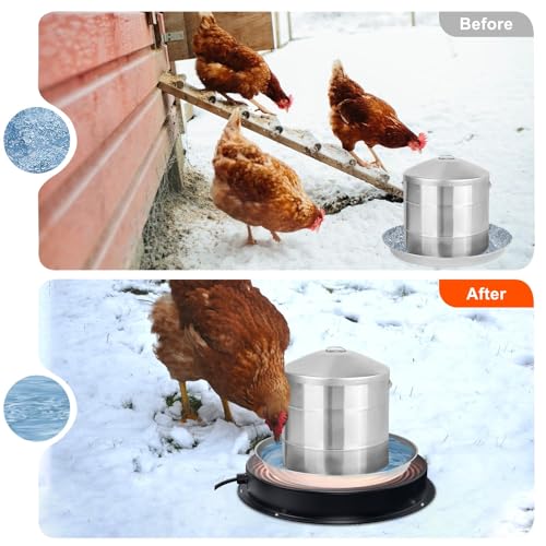 Chicken Water Heater for Winter, 15" Waterer Heated Base for 1-8 Gallon Metal Plastic Poultry Water, 110 Watt Heated Poultry Waterer with Thermostat for Chicken Duck Pigeon