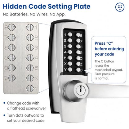 Keyless Door Lock with Handle, Battery-Free Mechanical Keypad Lock - color: Stainless steel color