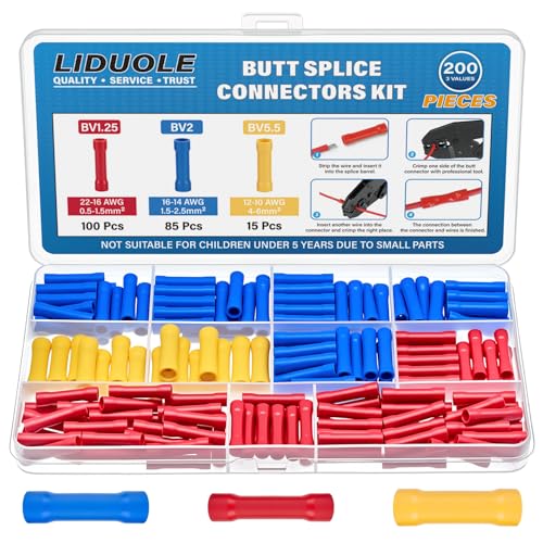 Butt Splice Connectors Kit 22-10 AWG Wire Crimp Connector Assortment Electrical Wires Insulated Terminal Straight Crimps Terminals for 22 20 18 16 14 12 10 Gauge Wiring (Pack of 200Pcs)