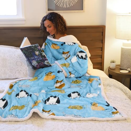 Catalonia Sherpa Wearable Blanket with Sleeves and Pocket for Adults - color: Cat Blue, size: Standard Pocket
