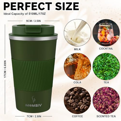 MOMSIV 17oz Travel Coffee Mug, Insulated Coffee Cup with Leakproof Lid - color: B-Dark Green-17oz