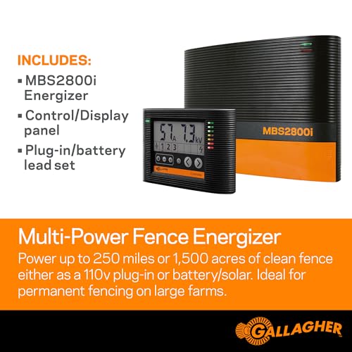 Gallagher MBS2800i Multi Power Electric Fence Charger | 28.0 Joule 12v Battery, Solar, or 110v AC Energizer with External Control and Display Panel | Powers Up to 250 Miles / 1500 Acres