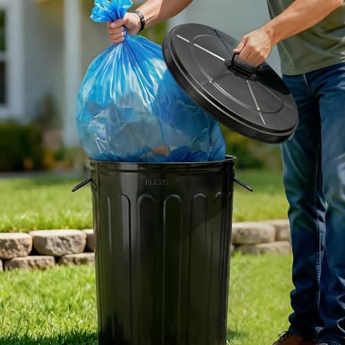 Plexon 20 Gallon Metal Trash Can with Lid Outdoor Large Trash Bin Steel Garbage Can for Garage Patio Farmhouse Bucket Bird Seed Storage Can Heavy Duty Round Container, Black - color: Black