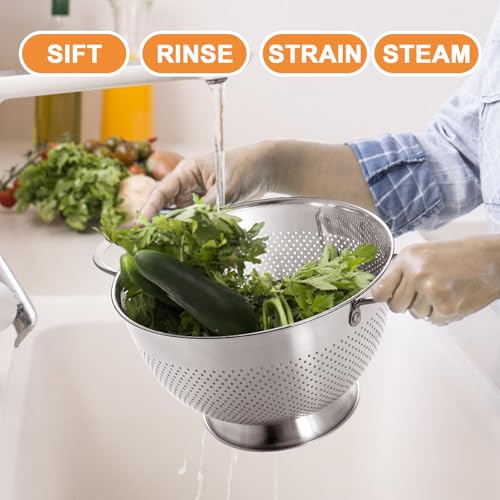 Stainless Steel Colander for Kitchen | 5 Quart Durable Rice and Pasta Strainer with Handle | Oversized Handles | Nesting Design | Rust-Resistant & Dishwasher Safe - size: 5 QT