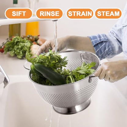 Stainless Steel Colander for Kitchen | 5 Quart Durable Rice and Pasta Strainer with Handle | Oversized Handles | Nesting Design | Rust-Resistant & Dishwasher Safe - size: 5 QT