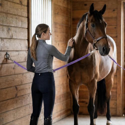 2 Pack Cross Ties for Horses, Heavy Duty Reflective Adjustable Trailer Tether (44"-78.7") with Panic & Bull Snap, 360° Anti-Tangle Barn Grooming Equipment (Purple) - color: Purple