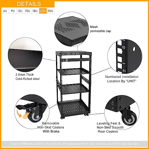 RIVECO 22U Network Rack with Reinforced Top & Bottom Vented Plates - 4 Rolling Wheels Floor Standing for 19" Equipment & Stereo Gear - Including 2PCS Shelves & Rail Mount PDU - size: 22U