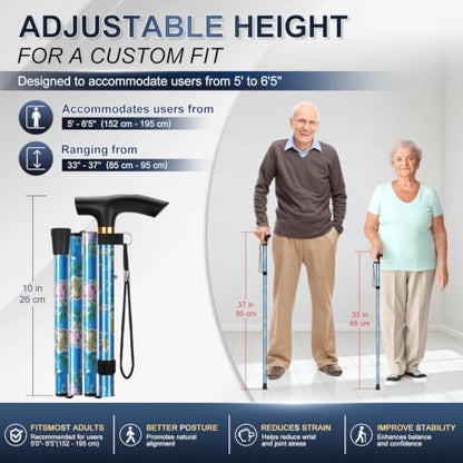 supregear Folding Cane, 5-Level Adjustable Height Walking Stick Lightweight Collapsible Portable Travel Cane with Wrist Strap and T Handle for Elderly Disabled Men Women - color: Blue Floral