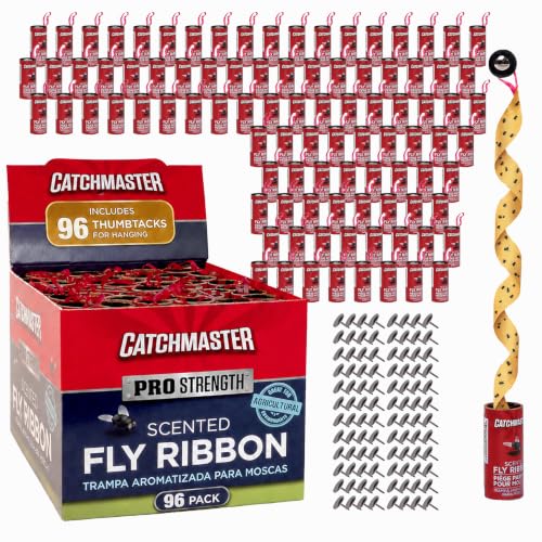 Catchmaster Fly Ribbon 96-Pack, Bug & Fly Traps Outdoor and Indoor, Premium Adhesive Sticky Fly Strips & Gnat Hanging Strips, Bulk Flying Insect Paper Rolls, Pesticide-Free Home Pest Control - style: 96 Pack