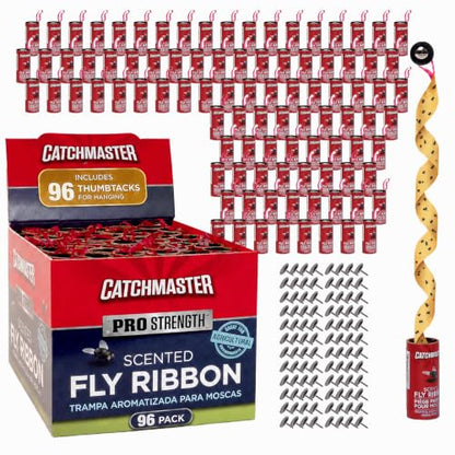 Catchmaster Fly Ribbon 96-Pack, Bug & Fly Traps Outdoor and Indoor, Premium Adhesive Sticky Fly Strips & Gnat Hanging Strips, Bulk Flying Insect Paper Rolls, Pesticide-Free Home Pest Control - style: 96 Pack