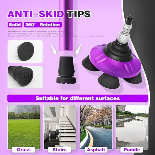 BigAlex Folding Walking Cane with LED Light,Pivoting Quad Base,Adjustable Walking Stick with Carrying Bag for Men/Women - color: Purple(4'9"-5'6")