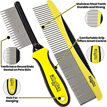 Metal Dog Comb for Matted Hair & Detangler Combs Set - Remove Tangles & Matted Fur - Easy Safe Cat & Dog Combs for Grooming Doodles