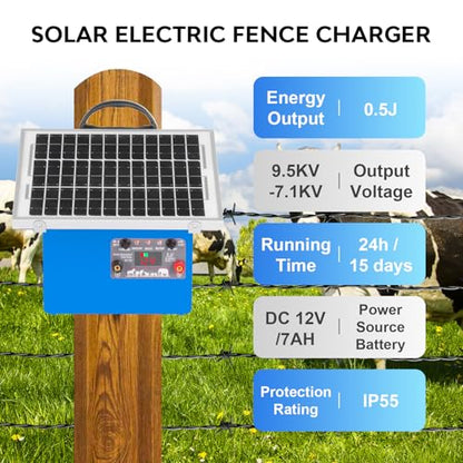 20 Miles Solar Electric Fence Charger,0.5 Joule Electric Fence Kit with 7.5W Solar Panel/7Ah Battery, IP65 Waterproof,Up to 9.5KV Output Portable Solar Fencer for Livestock Poultry