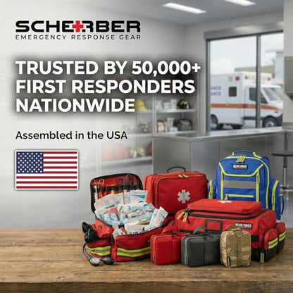 Scherber First Responder Fully-Stocked Professional Essentials EMT/EMS Trauma Kit | HSA/FSA Approved | Reflective Bag w/8 Zippered Pockets & Compartments & 200+ First Aid Supplies - Red - color: Red
