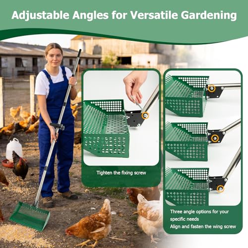 2-in-1 Metal Chicken Coop Pooper Scooper&Rake with 175CM Adjustable Handle | 12inch Green Chicken Litter Scoop for Coop Sand & Pet Farm Animal Waste, Durable Litter Sifting Shovel with Detachable Handle