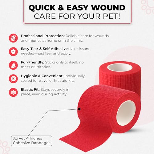 JorVet 4" x 10 Yards Cohesive Bandages for Pets | Self-Adhesive, Easy Tear Wraps for Wound Care |Secure, Individually Wrapped Vet Tape | Brilliant Red | Pack of 12 - size: 4 Inch