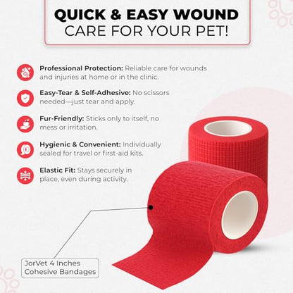JorVet 4" x 10 Yards Cohesive Bandages for Pets | Self-Adhesive, Easy Tear Wraps for Wound Care |Secure, Individually Wrapped Vet Tape | Brilliant Red | Pack of 12 - size: 4 Inch