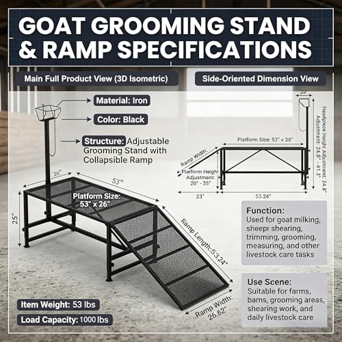 53x26"Goat Sheep Stand with Removable Ramp & Feed Tray, 1000LBS Livestock Trimming Stand, Adjustable Height for Milking Shearing Hoof Care Metal Construction