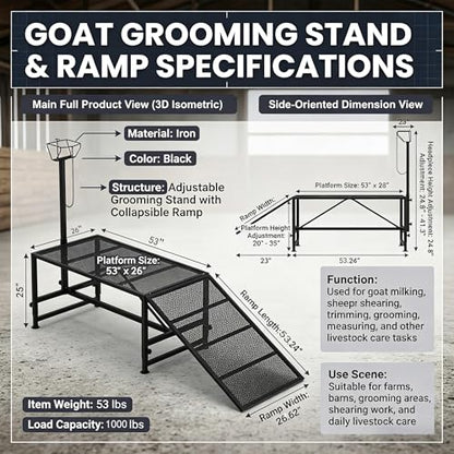 53x26"Goat Sheep Stand with Removable Ramp & Feed Tray, 1000LBS Livestock Trimming Stand, Adjustable Height for Milking Shearing Hoof Care Metal Construction