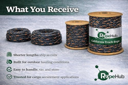 RopeHub California Truck Rope, Polypropylene Tie Down Rope, 1/2" x 100 Ft - size: (#) 1/2 inch x 100feet