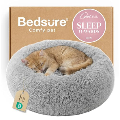 Bedsure Calming Cat Beds Donut Round Washable Kitten Bed,20 inches | Fluffy Faux Fur Cuddler,Anti-Slip Bottom,Anti-Anxiety,Deep Sleeping for Cats&Small Pets Up to 15 Lbs,Pale Grey - color: Pale Grey, size: 20"L x 20"W x 6"Th