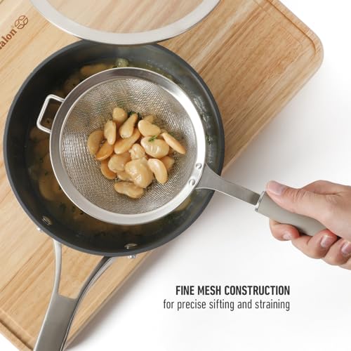 Calphalon Edge Stainless Steel Mesh Strainer with Thermoplastic Rubber Handle, Fine Kitchen Sieve for Draining, Rinsing, Sifting & Food Prep Tasks, Taupe - color: Taupe w/ Rubber Handl (Edge - Strainer)