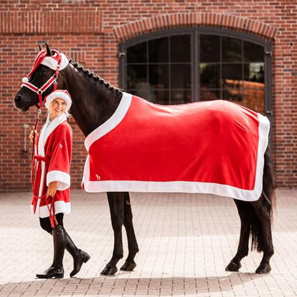 HORZE Santa Christmas Fleece Horse Cooler Blanket with Faux Fur - Red - 72 in - size: 72 in