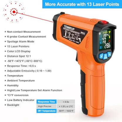 Infrared Thermometer Gun, Non Contact Digital Laser Thermometer Temperature Gun with Color LCD for Cooking, Home Repairs, Humidity Measurement, Adjustable Emissivity -58°F to 1472°F(-50~800°C) - color: Orange -58°F - 1472°F(-50-800℃)