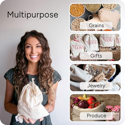 LEAFICO Organic Cotton Reusable Produce Bags - Small 5x7 (12 Pack) - Biodegradable Eco-Friendly Bulk Bin Sacks for Food - Cloth Bags with Drawstrings - Linen Pouch for Fruit, Vegetable Storage - size: Small 5x7" (12 Pack)