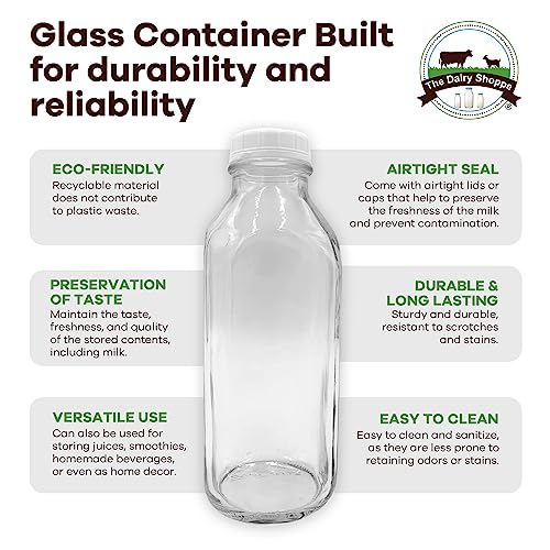 The Dairy Shoppe Heavy Glass Milk Bottles - Jugs with Extra Lids and a Silicone Pour Spout - Clear Milk Containers for Fridge - Reusable Glass Milk Jug Dispenser - Made in USA (33.8 oz, 2 Pack) - size: 33.8 Ounces