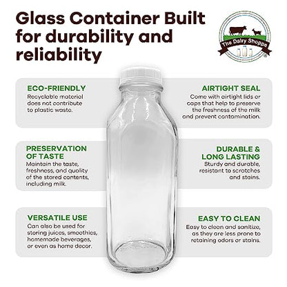 The Dairy Shoppe Heavy Glass Milk Bottles - Jugs with Extra Lids and a Silicone Pour Spout - Clear Milk Containers for Fridge - Reusable Glass Milk Jug Dispenser - Made in USA (33.8 oz, 2 Pack) - size: 33.8 Ounces