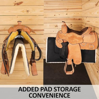 EASY-UP Pro Mounted Saddle Rack with Pad Bar | Heavy-Duty Wall-Mounted Horse Saddle Rack | Built-in Pad Storage | Rust-Resistant Steel | 23.5" L x 10" W x 8.5" H