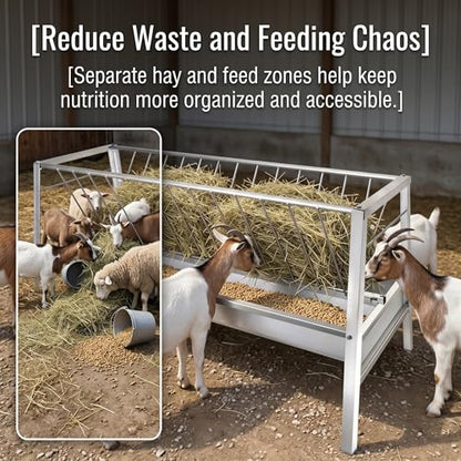 Livestock Hay Feeder,95 Gallon 2 in 1 Grain & Hay Feeder, 59 Inch Long Heavy Duty Steel Goat Hay Feeder with Deep Feeding Pan, Livestock Hay Rack for Goats, Sheep, Horse, Farm & Barn Pasture Use